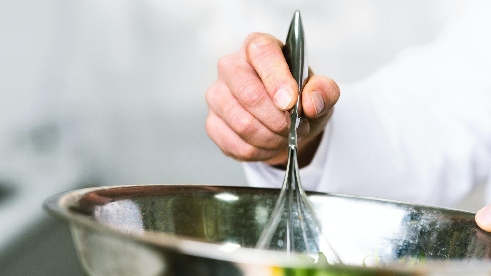 Unrecognizable Chef Blending Ingredients In Bowl In Kitchen Indoor, Panorama